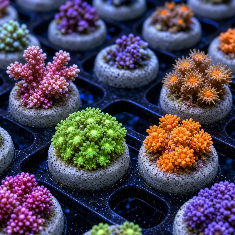 Coral frags on ceramic plugs on a frag rack