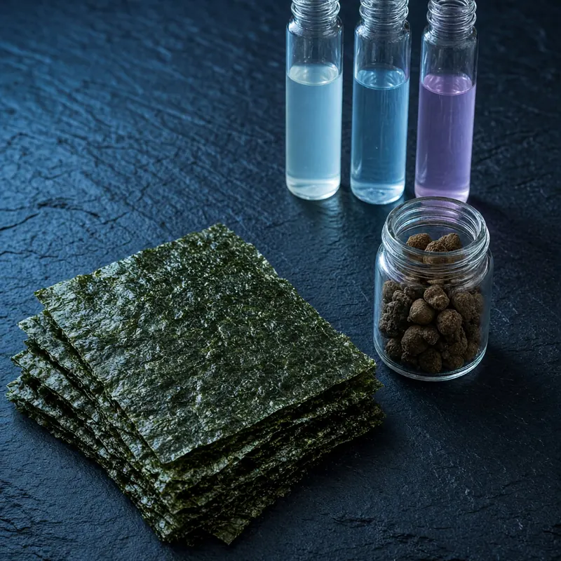 Water test vials and fish food on dark slate
