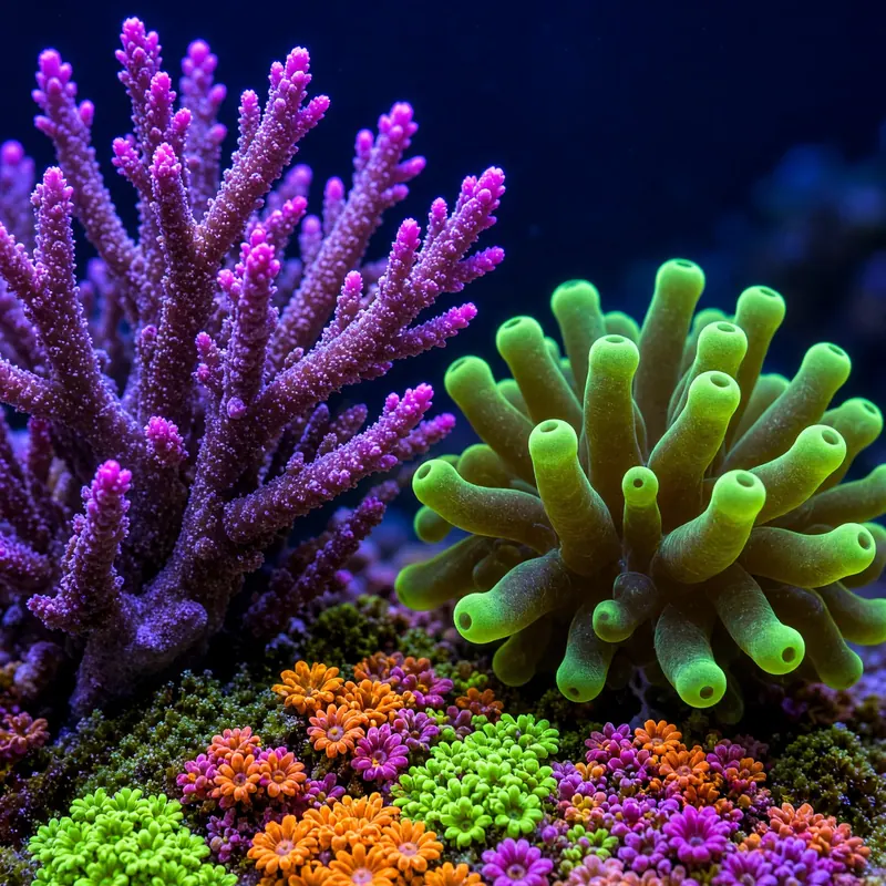 Branching and fleshy corals glowing under blue reef light