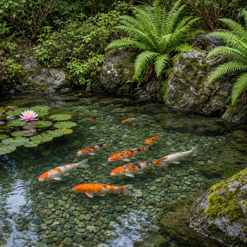 A backyard koi pond with water lilies and ferns