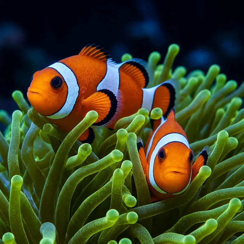 Two clownfish in a green anemone
