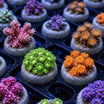 Coral frags on ceramic plugs on a frag rack