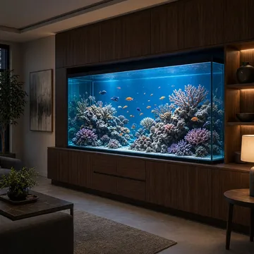 A reef aquarium glowing in a living room
