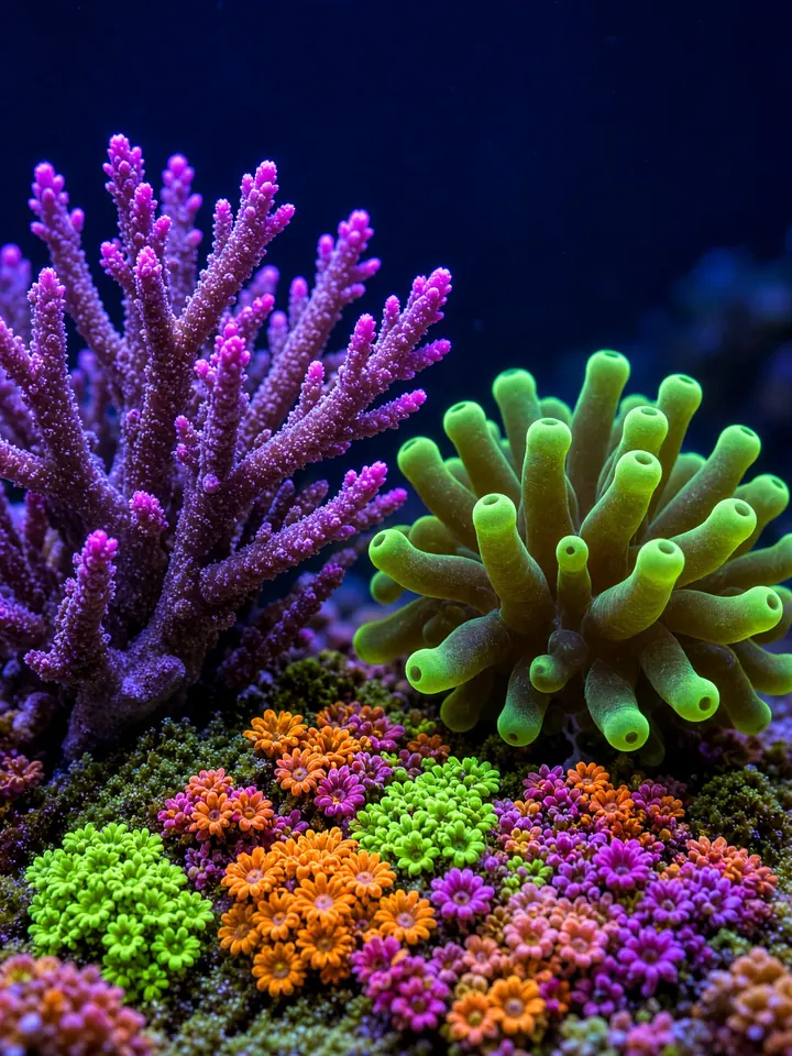 Branching, fleshy and soft corals glowing under blue reef light