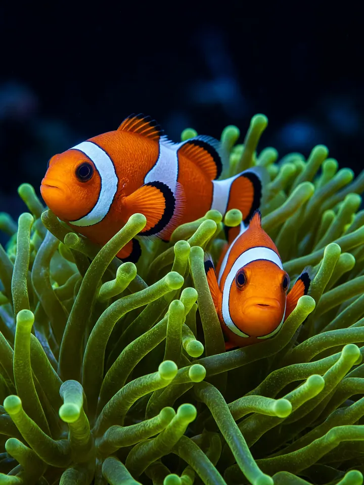 Two clownfish nestled in a green carpet anemone