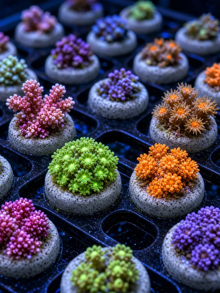 Coral frags on ceramic plugs lined up on a frag rack