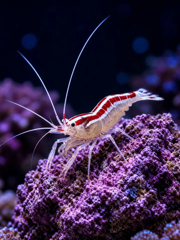 A cleaner shrimp perched on purple live rock