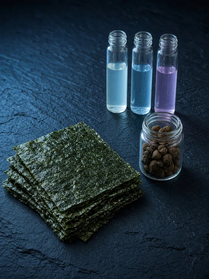 Nori seaweed sheets, fish food pellets and water test vials