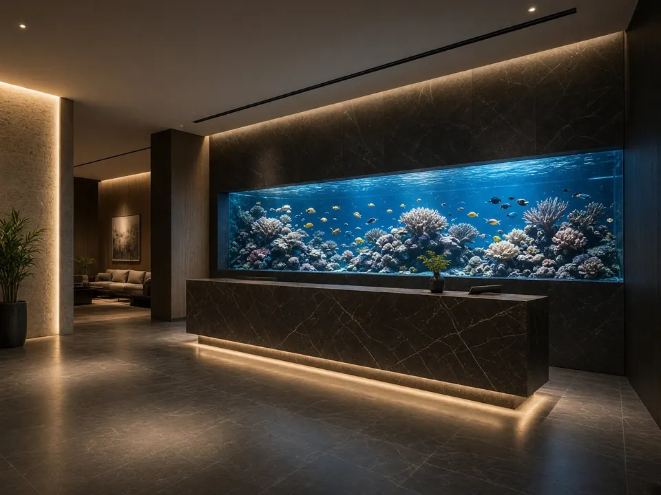 A long reef aquarium set into the stone wall of an office lobby