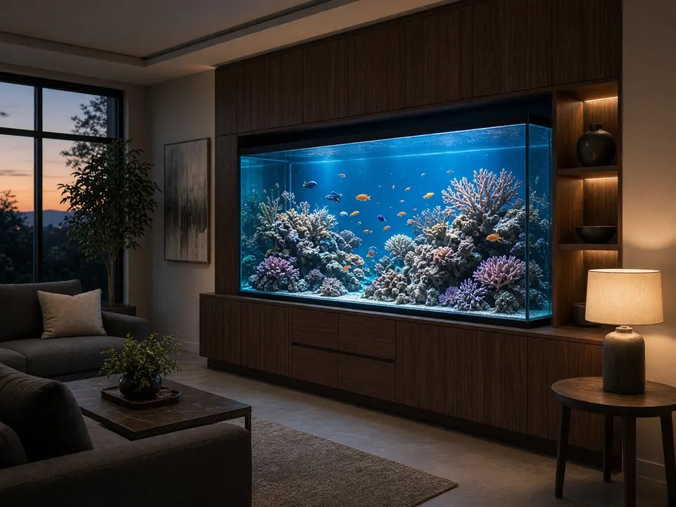 A built-in reef aquarium glowing in a modern living room at dusk