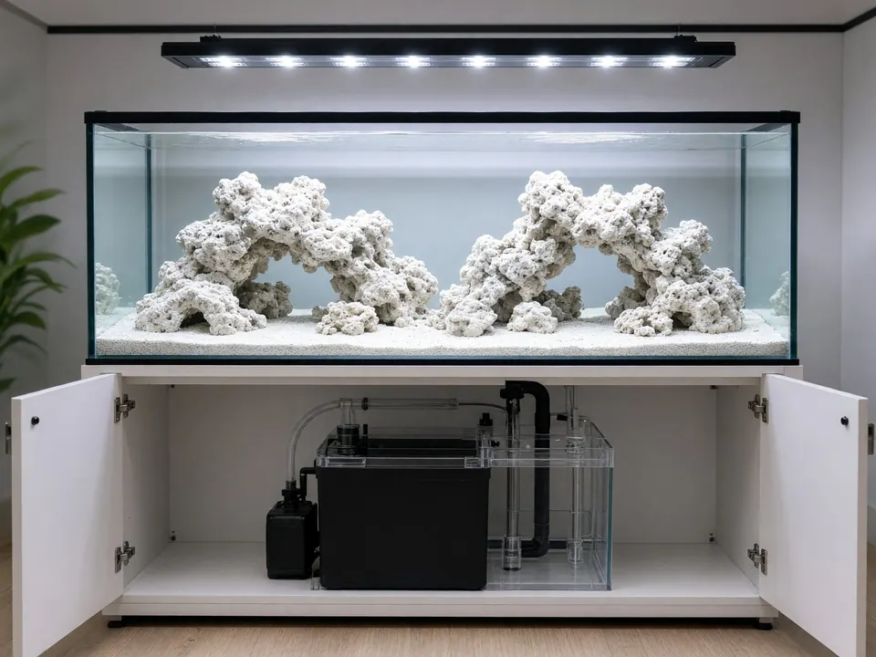 A freshly aquascaped reef tank with white rock arches above an open cabinet and sump