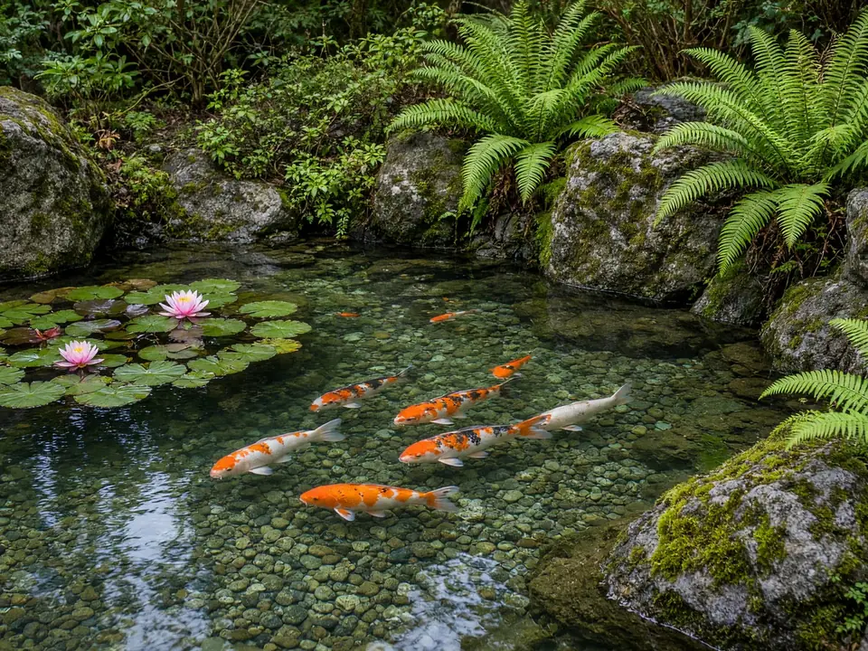 A backyard koi pond with water lilies, mossy stones and ferns